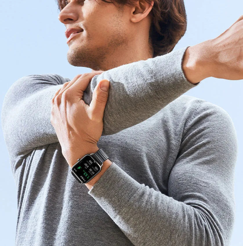 HAYLOU RS4 Plus black smartwatch with AMOLED screen showing fitness stats on a wrist.