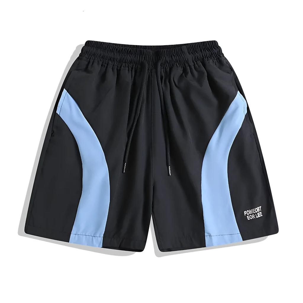 Quick-drying black and grey sports shorts with elastic waist and loose straight-leg design