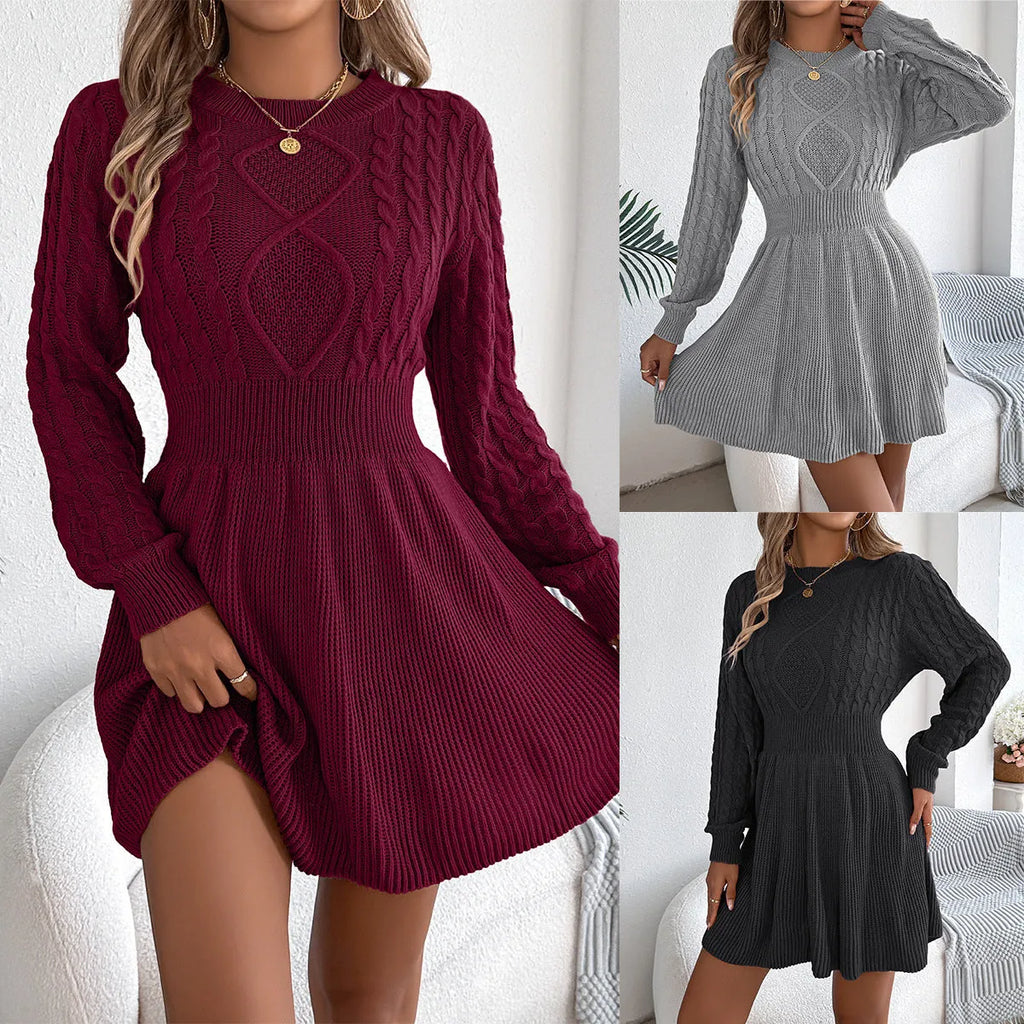 Solid colour sweater dress with long lantern sleeves and elastic waist in artificial fur fabric