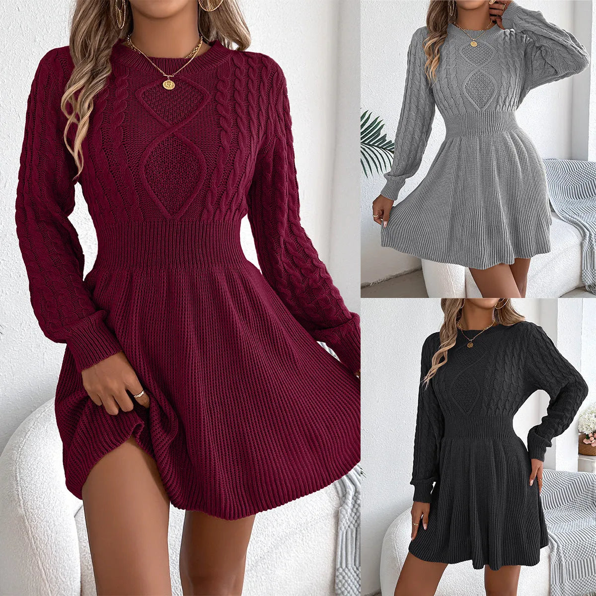 Solid colour sweater dress with long lantern sleeves and elastic waist in artificial fur fabric