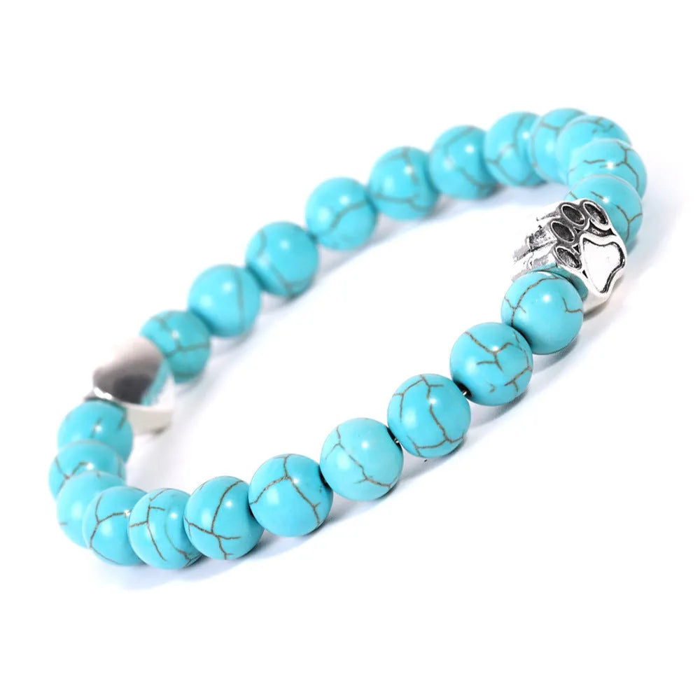 Indian agate stone bracelet with geometric dog's paw charm and heart detail on round beads