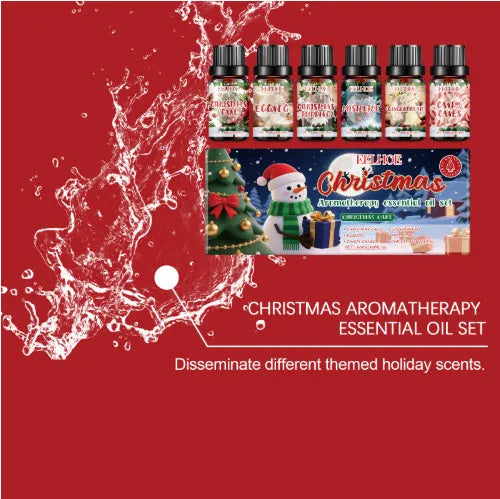 Christmas aromatherapy oil set showing 60ml warmer unit and six 10ml essential oil bottles