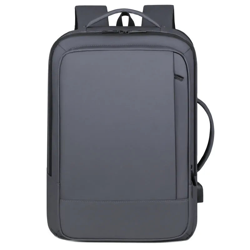 Black or grey waterproof Oxford cloth backpack with curved shoulder straps showing 20-35 litre capacity