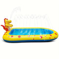 Blue dinosaur-shaped inflatable water pool with multiple sprayers for children's outdoor play