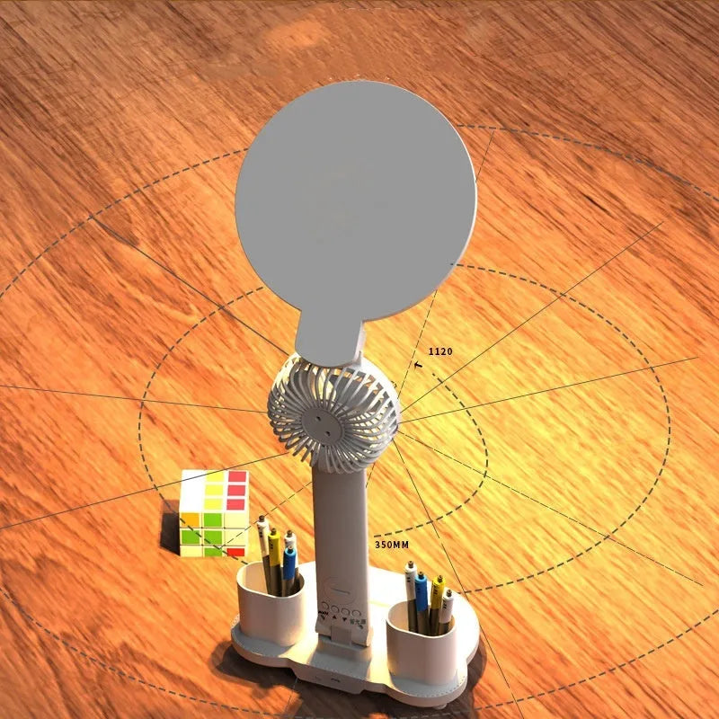 LED clock table lamp with foldable design, fan, and USB rechargeable battery on a desk
