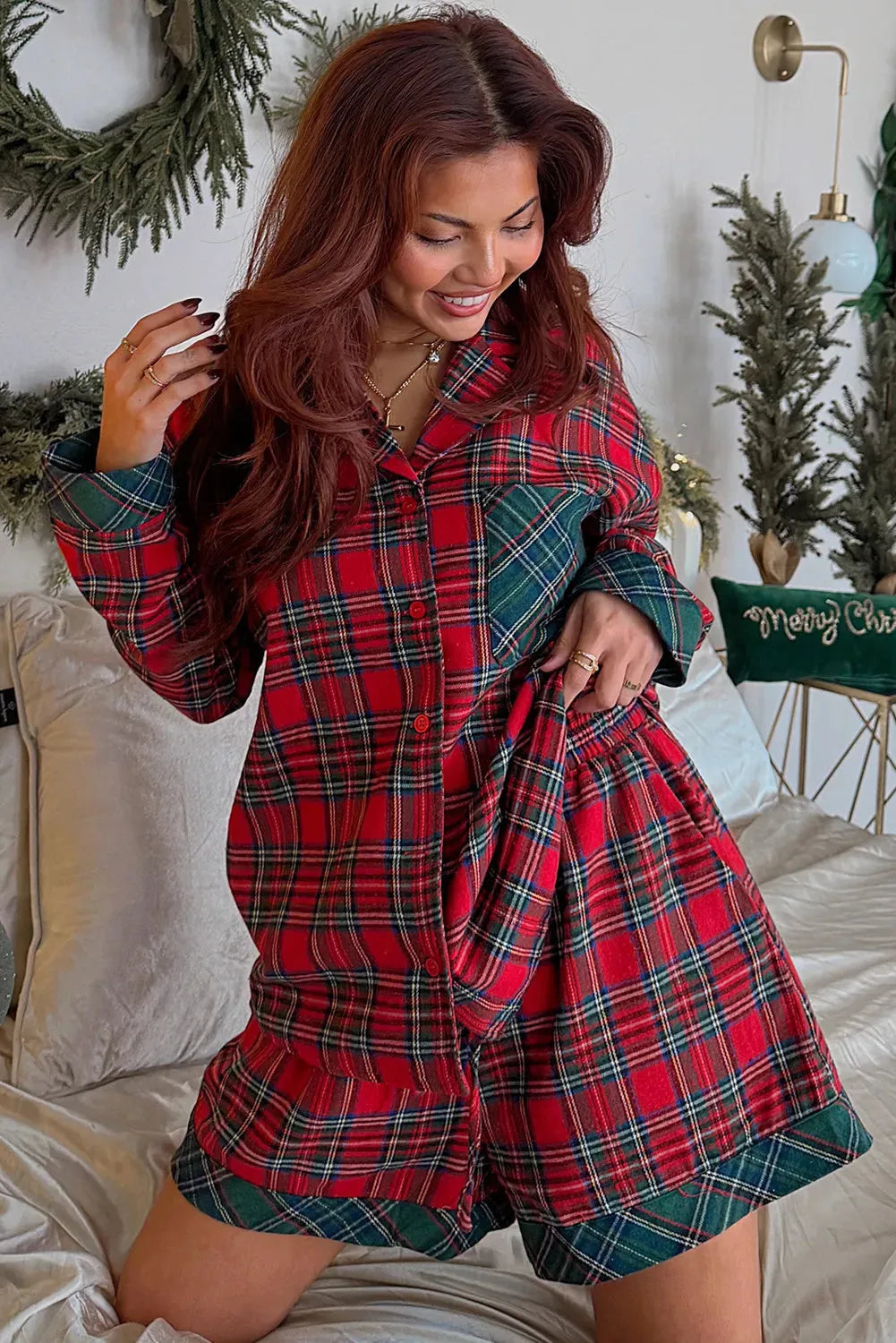 Red plaid contrast patched Christmas pajama set with long sleeve shirt and matching shorts