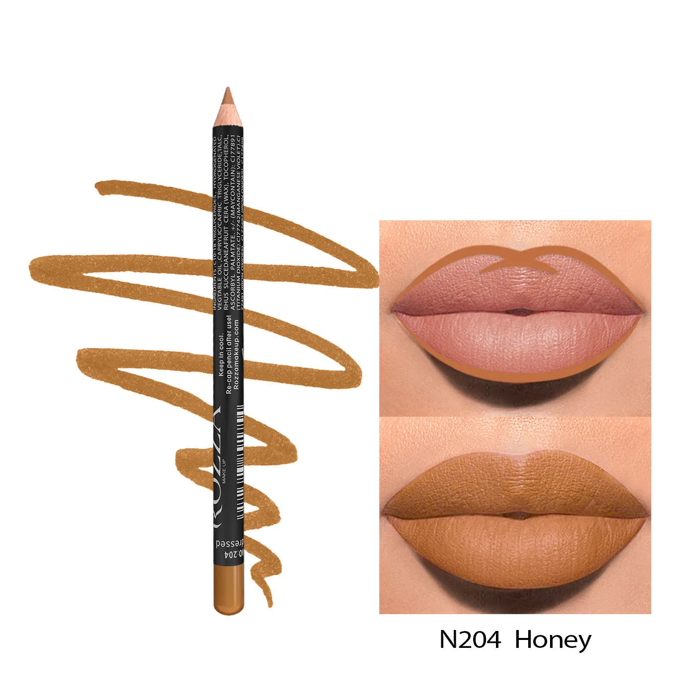 Matte lip liner pencil in a wooden tone shade from a set of 14 colours, shown on a hand.