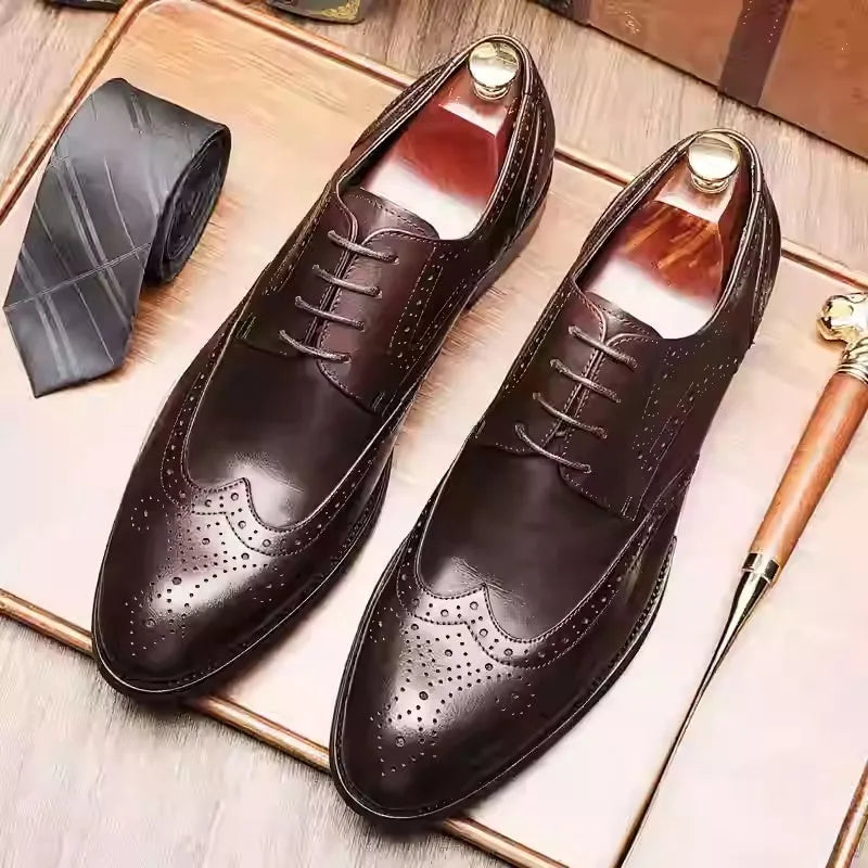 Men's burgundy British Brock pointed toe formal leather shoes on a white background.