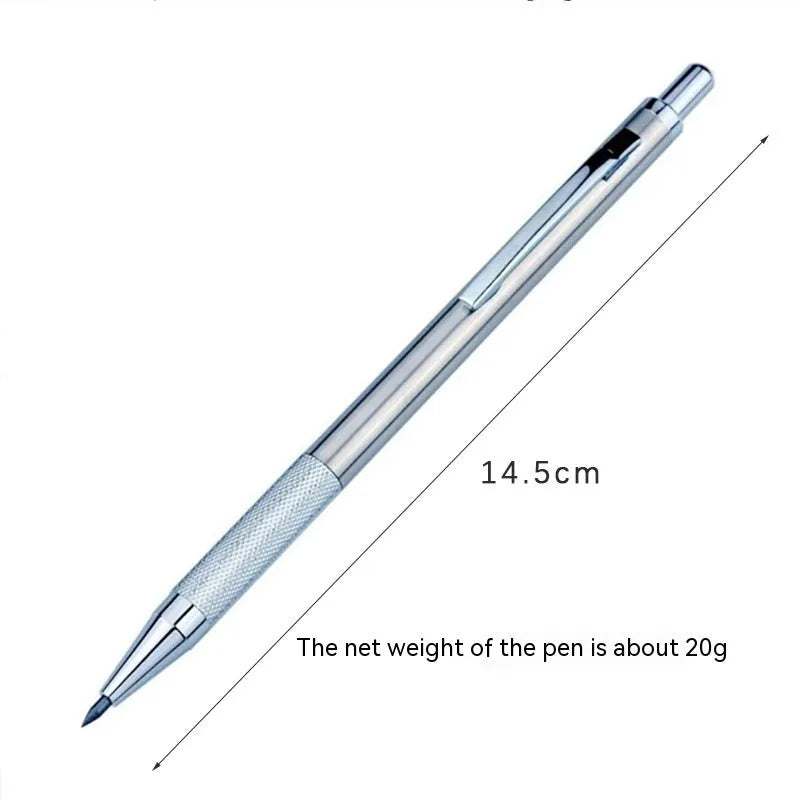 Metal automatic mechanical pencil showing barrel detail and lead size options from 0.5mm to 2.0mm