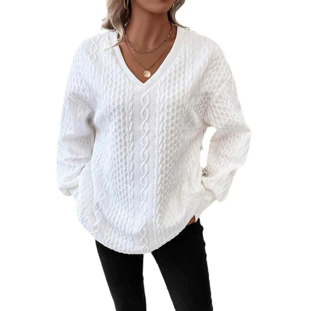 Milky white loose long sleeve t-shirt with 3D pattern, Japanese Korean casual style