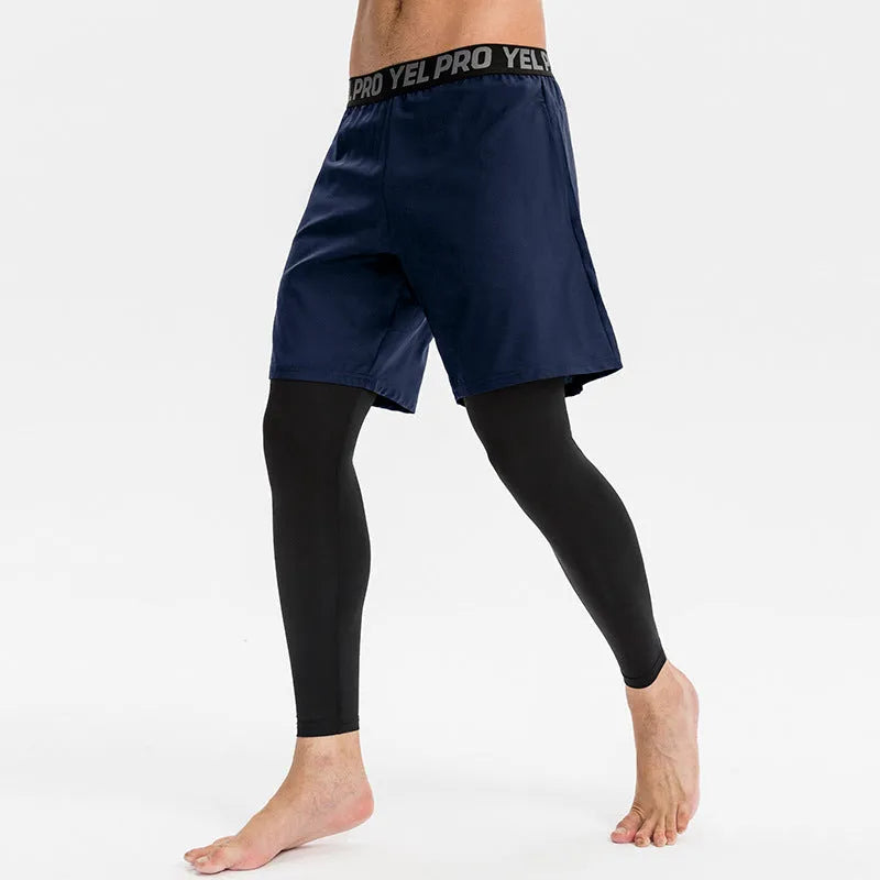Men's grey quick-drying high elastic tight sports pants for fitness and running.