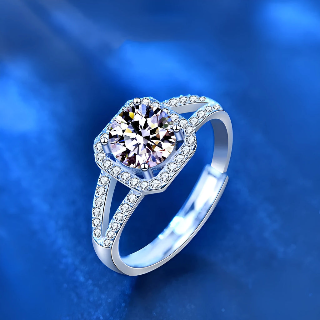 925 silver ring with 1 carat moissanite stone double row square bag design
