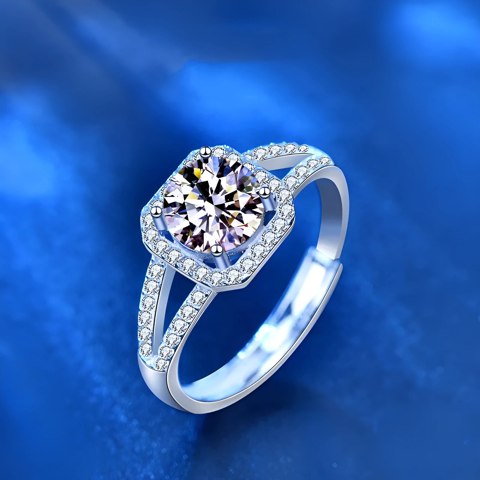 925 silver ring with 1 carat moissanite stone double row square bag design