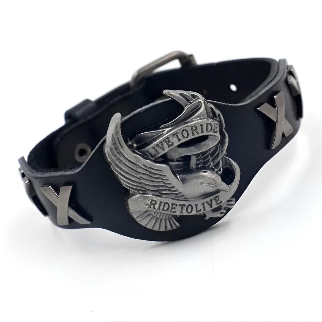 Black geometric leather bracelet with an eagle watch-button, showing tapered width.