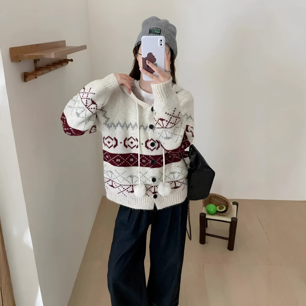 Women's plus size brocade geometric pattern acrylic sweater coat loose fit long sleeve