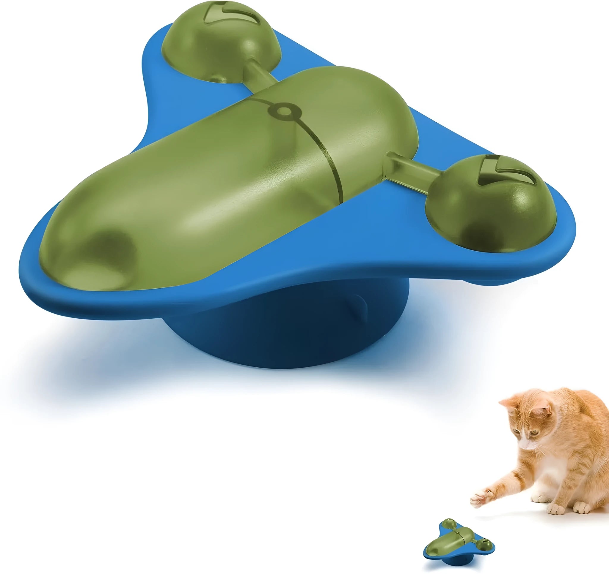 Blue interactive pet puzzle feeder with bell, catnip, and snack compartment on a suction cup base