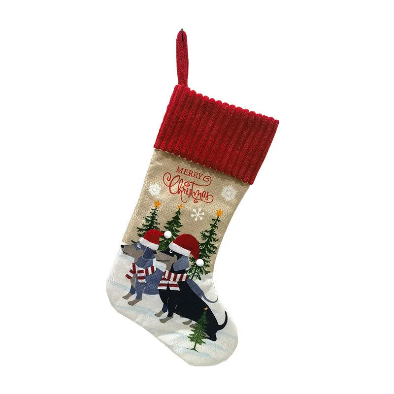 Red cloth Christmas tree pendant with white fireplace illustration, measuring 46 by 28 centimetres.
