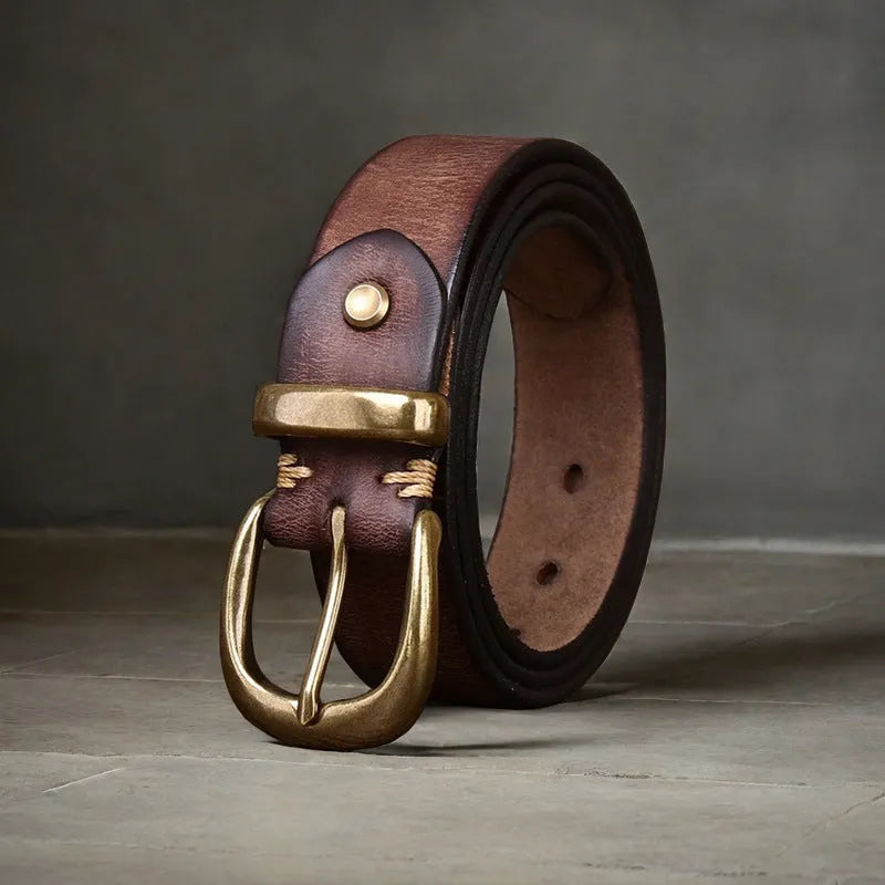 Men's casual jeans belt in cattlehide leather with copper pin buckle in black, brown, or khaki.
