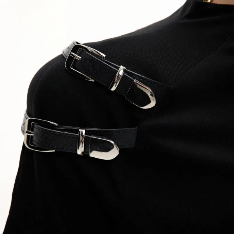 Men's black cotton short sleeve shirt with metal belt design detail and stand-up collar