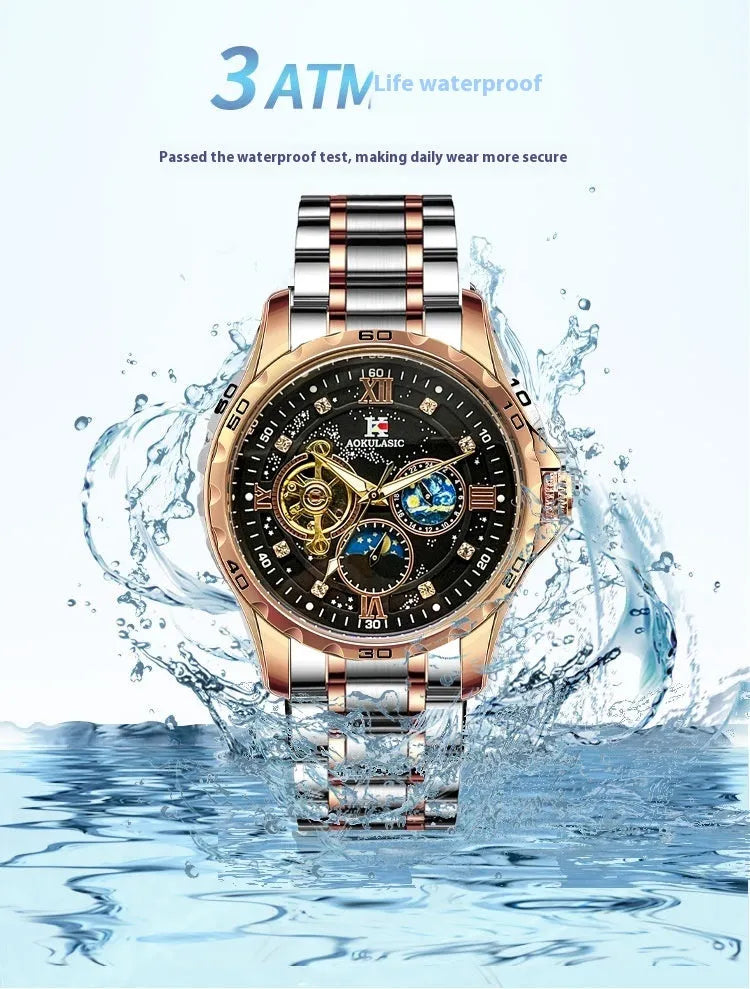 Men's automatic mechanical watch with rose gold case, black dial, and large multifunctional display