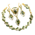 Olive green anti-allergy AAA zircon jewellery set with necklace, ring, bracelet, and earrings on display
