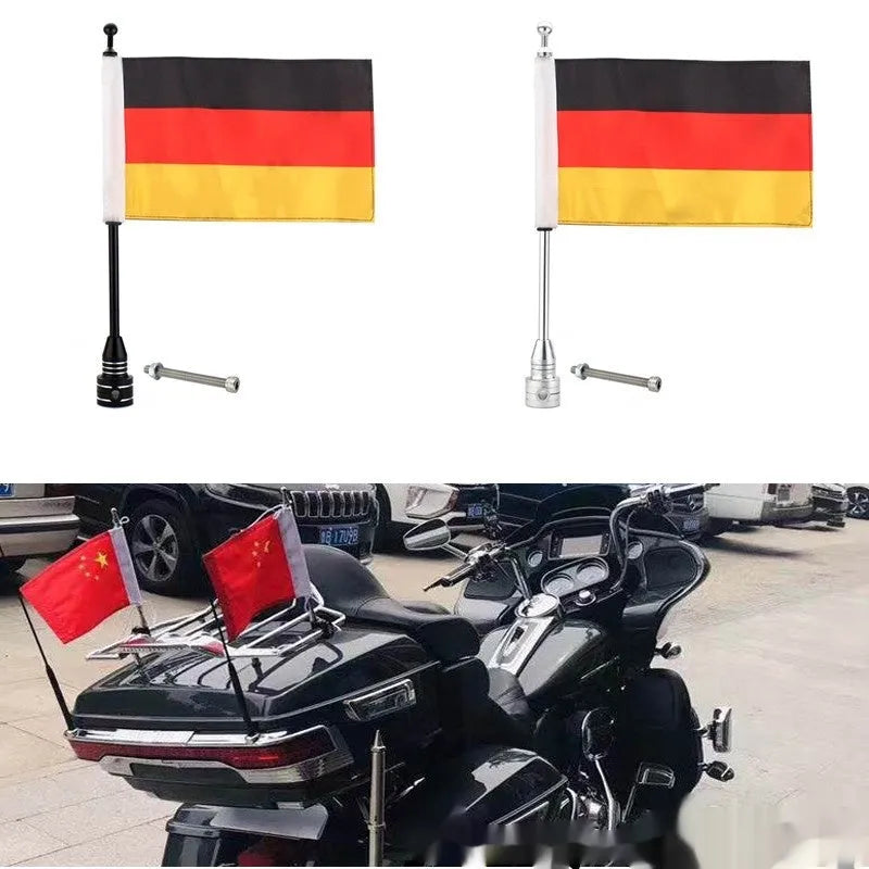 Tail box flagpole for vehicle luggage rack mounting in black or silver electroplated finish