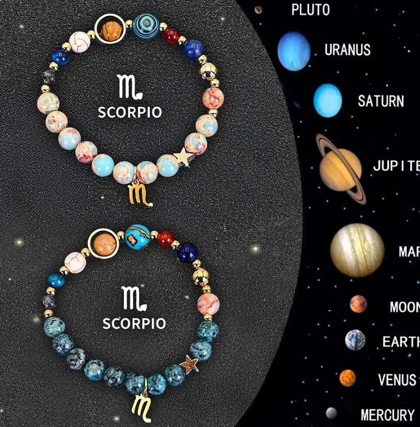 Set of twelve natural stone beaded bracelets laid out, each with a different design representing a zodiac sign.