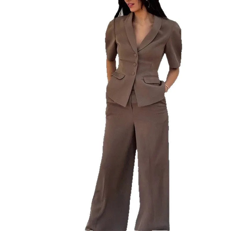 Brown men's two-piece polyester suit set with slim-fit waist, showing long-sleeved top and full-length trousers.