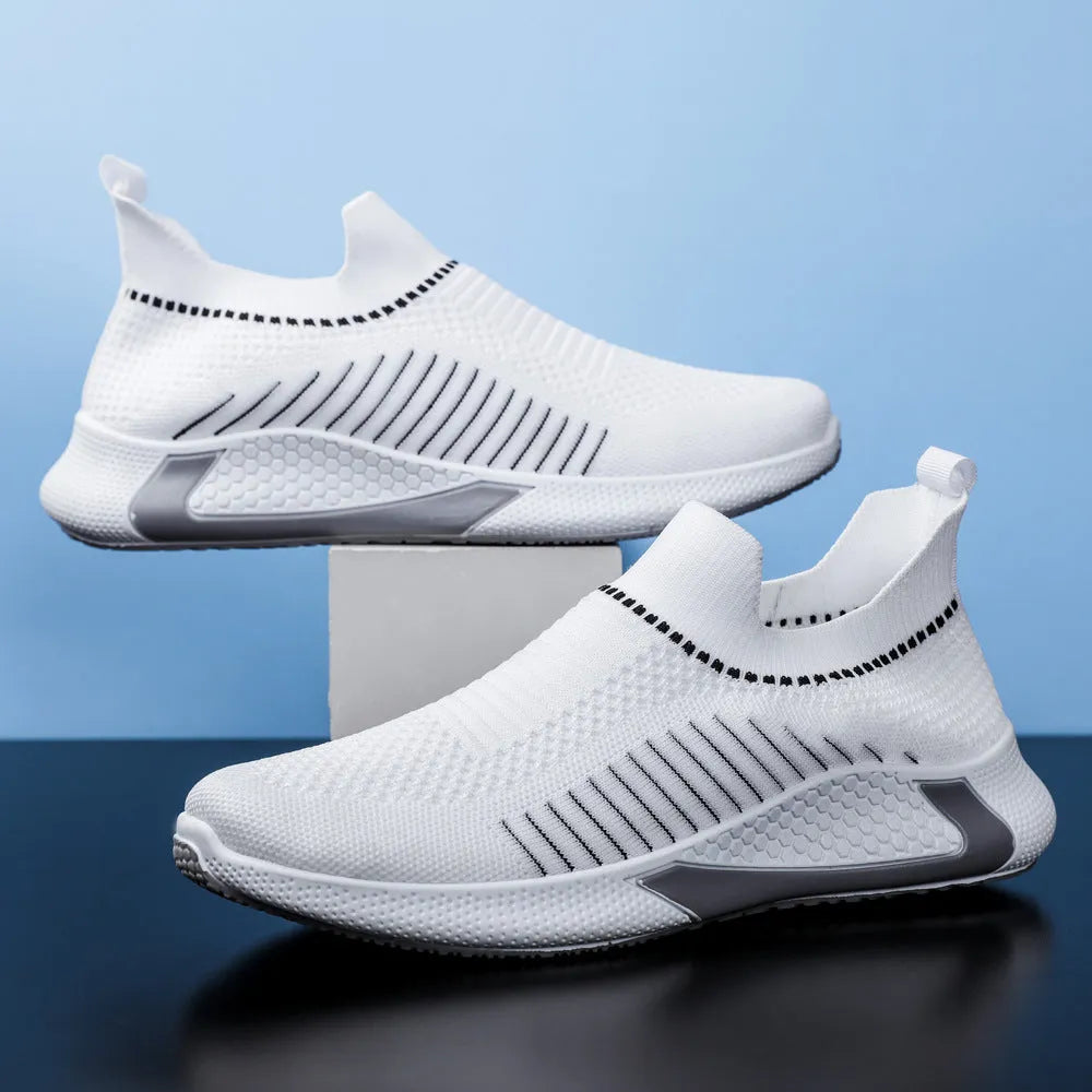 Men's low-top mesh sock sneakers with striped design and Flyknit upper.