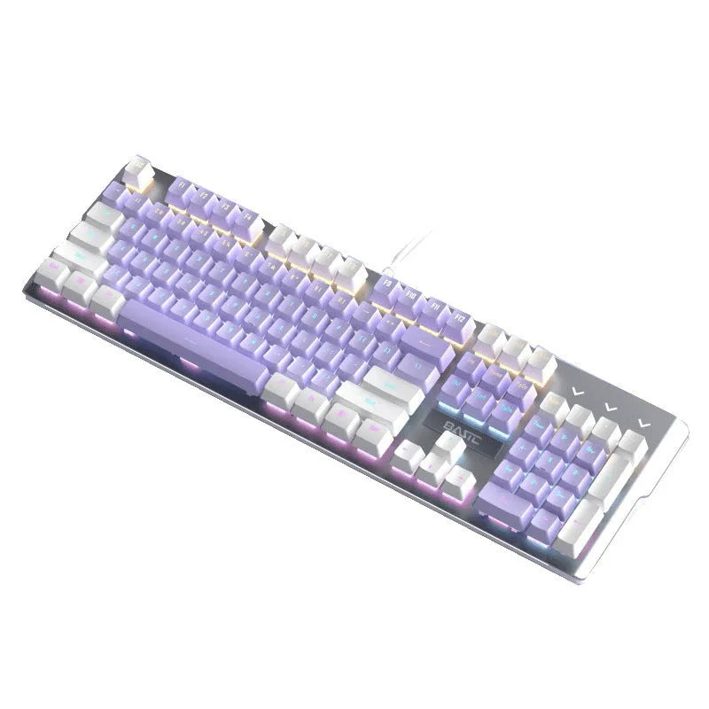White and purple wired mechanical keyboard and mouse combo set with backlight on a desk.