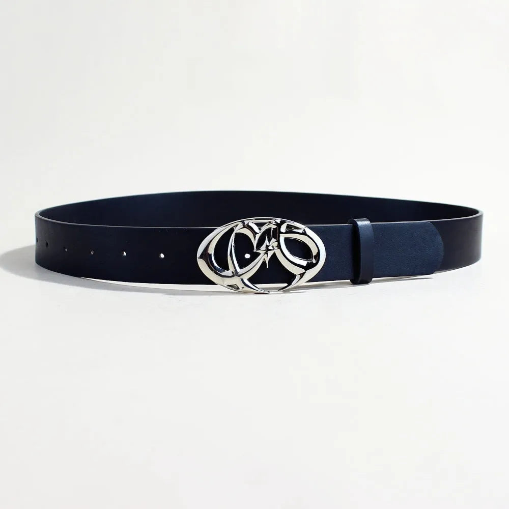 Silver buckle casual belt with snap button fastening on PU leather strap