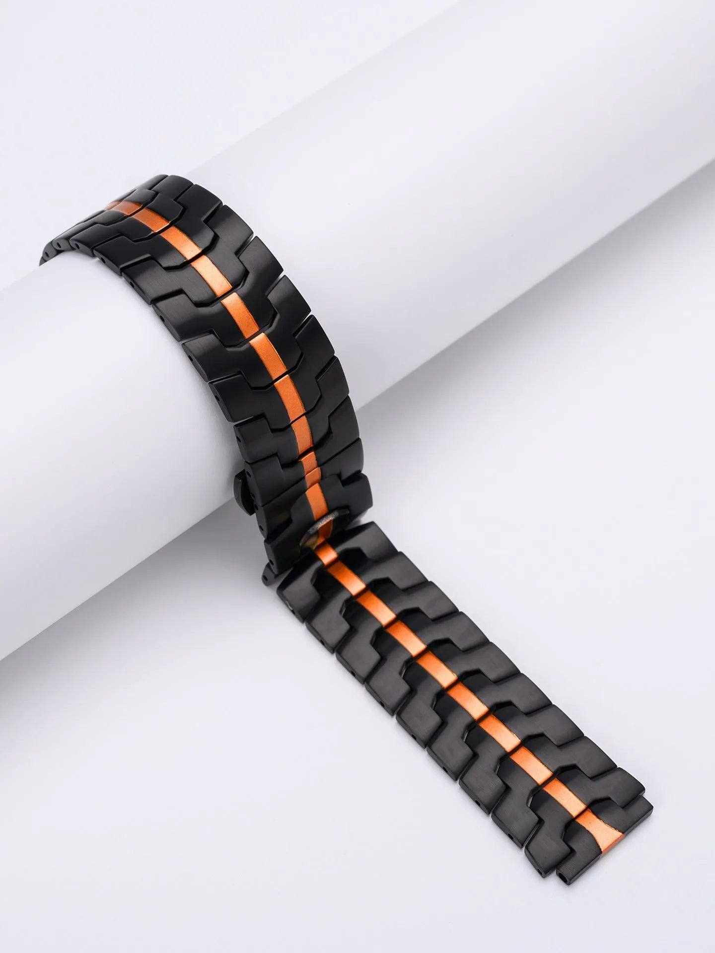 Stainless steel watch band for Samsung Galaxy Watch showing silver and black colour options with universal lug connectors
