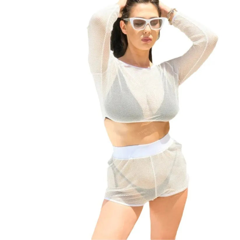 White transparent women's beach swimsuit set with strapless top and skirt for sun protection