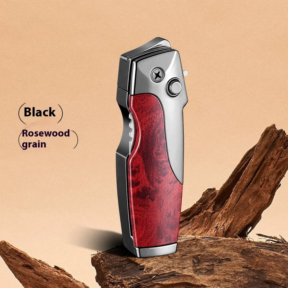 Zinc alloy folding knife and jet lighter multi-tool in black with wood grain finish, showing closed position.