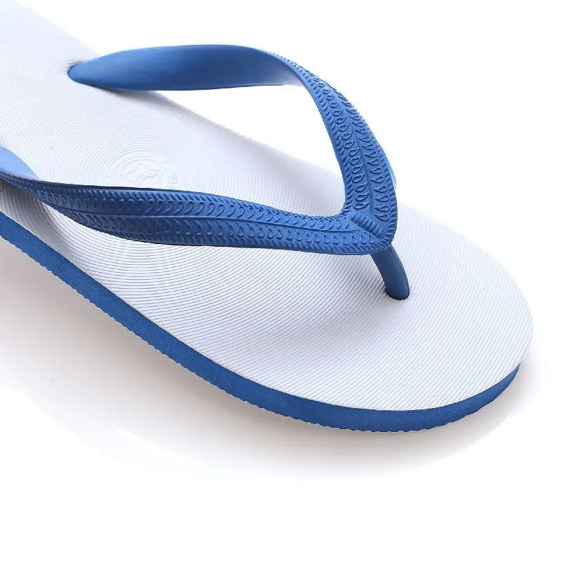 Fish label rubber beach flip-flops in green, red, blue, or black, showing non-slip sole.