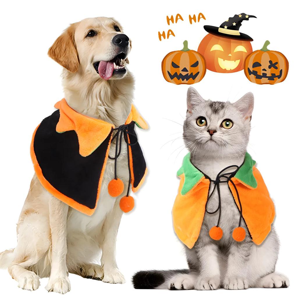 Halloween pumpkin double-sided dog cloak cat costume in plush fabric