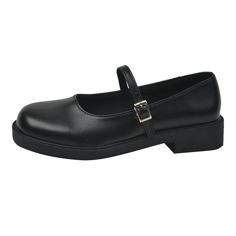 Women's solid colour French vintage PU leather shoes with round toe and flat heel