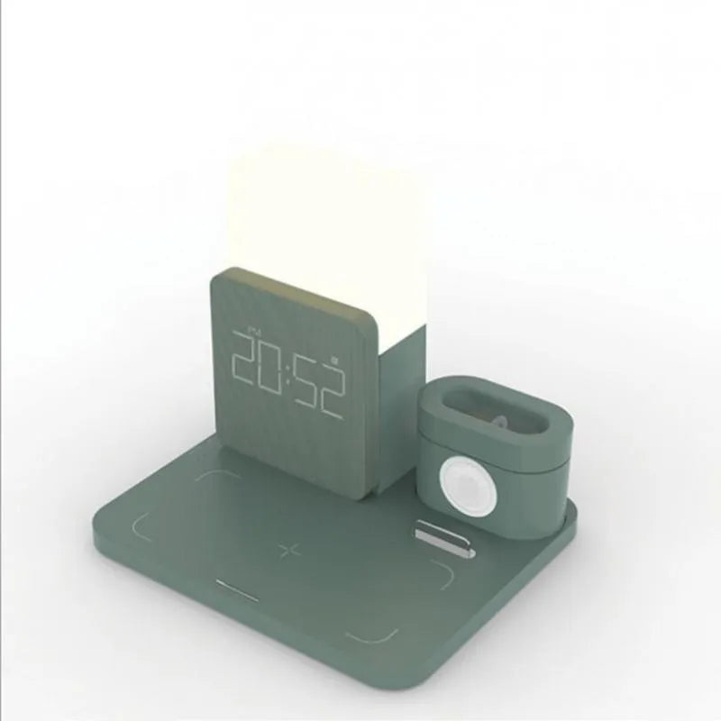 Dark green 3-in-1 wireless charging stand with smartphone, smartwatch, and earbuds charging simultaneously