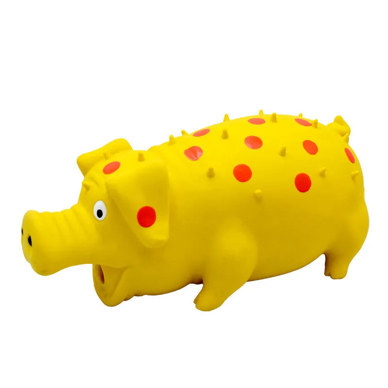 Blue latex pig-shaped dog chew toy with textured surface and squeaker