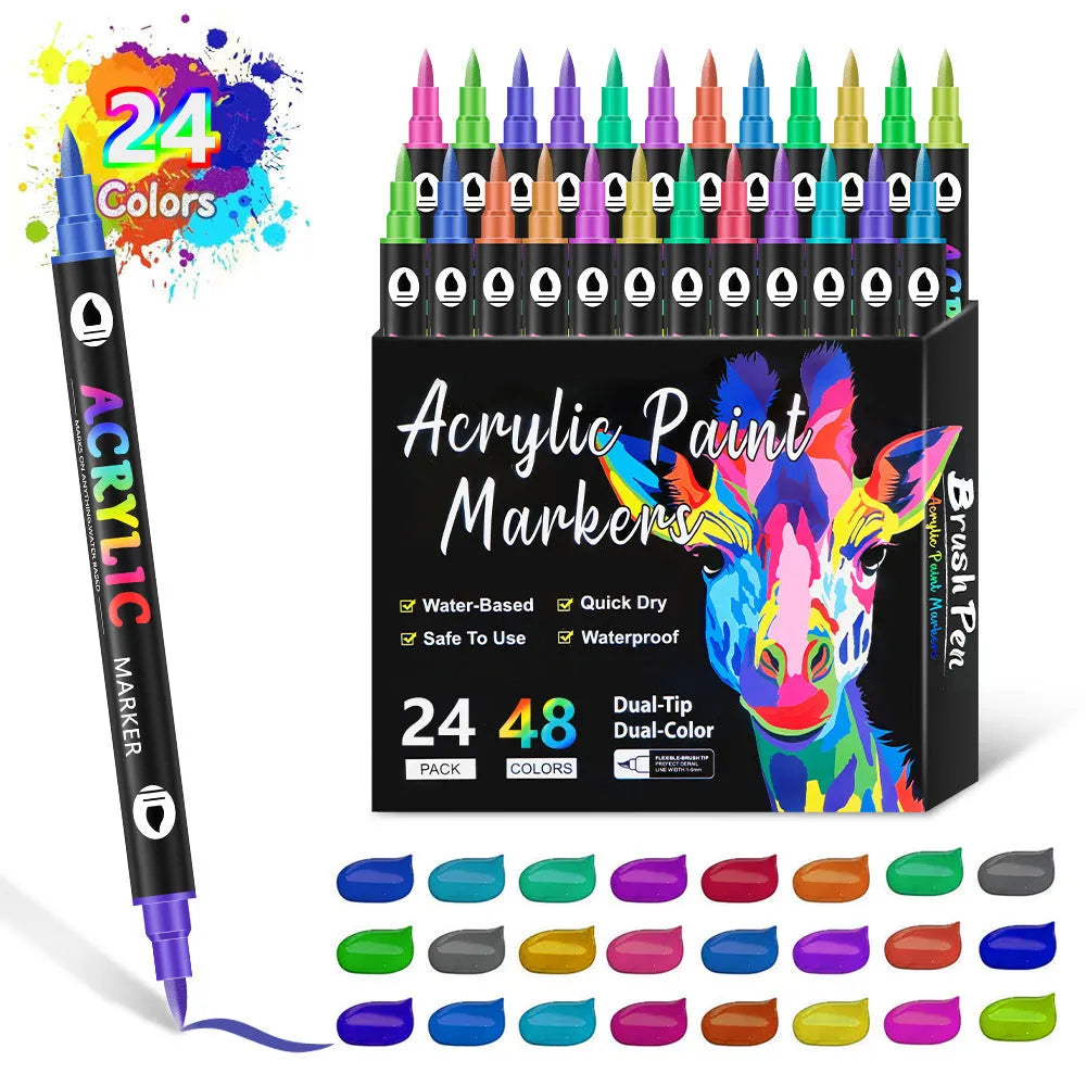 Set of double-ended acrylic marker pens with washable opaque ink, showing various colours.