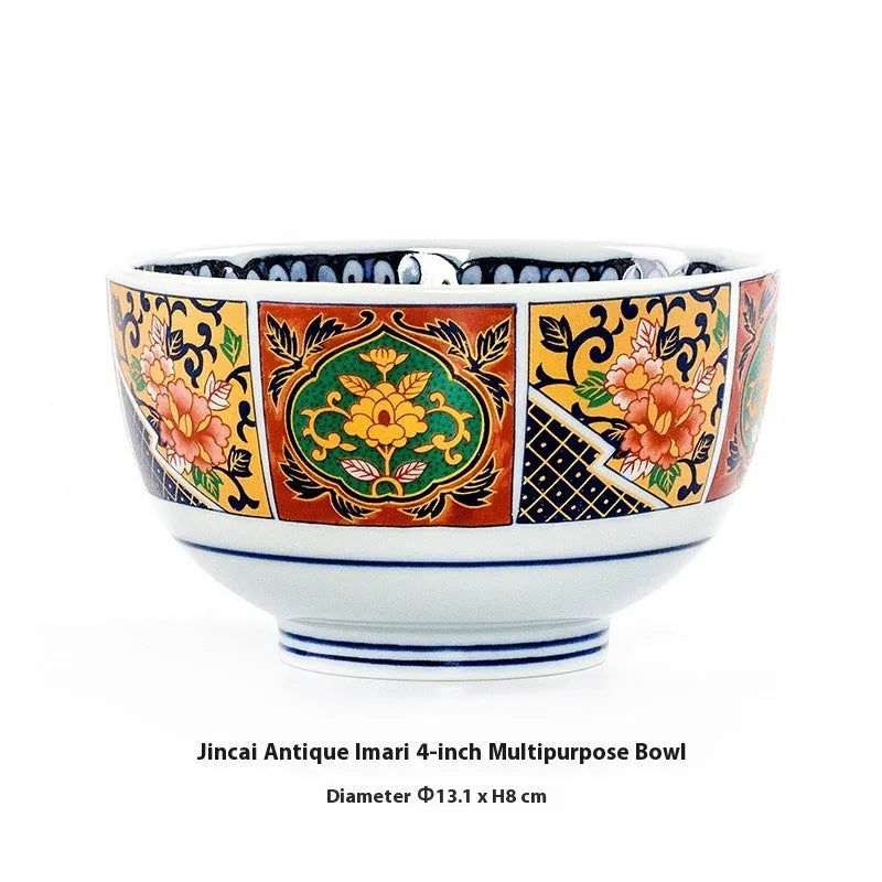 Retro Japanese style porcelain bowls with peony patterns in gold and yellow colours