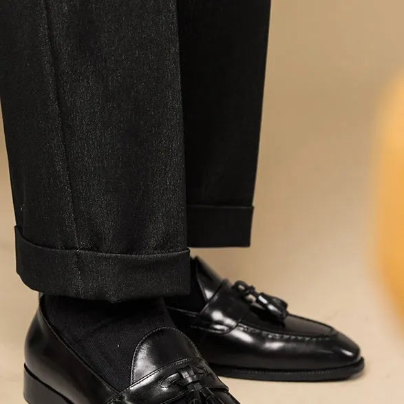 Men's black and brown business casual tassel loafers made from genuine leather with pigskin lining