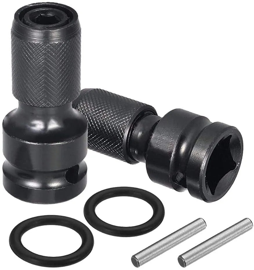 Telescopic steel bit holder adapter converting 1/2 inch square drive to 1/4 inch hex drive with O-ring bolt.