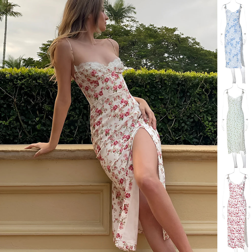 Lace flowers print long dress with front slit and suspender straps in solid colour options