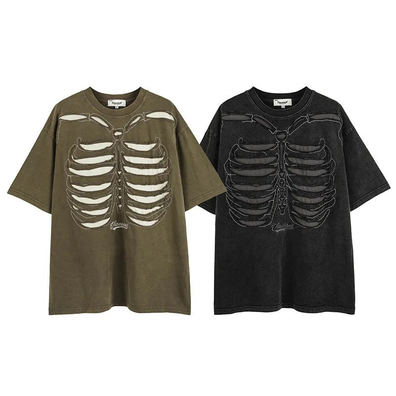Brown and black skull print cotton T-shirt with drop-shoulder sleeves