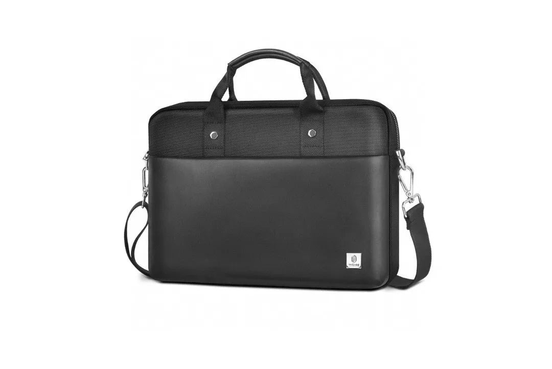 Black Oxford cloth laptop backpack showing multi-pocket organisation and a lock feature.