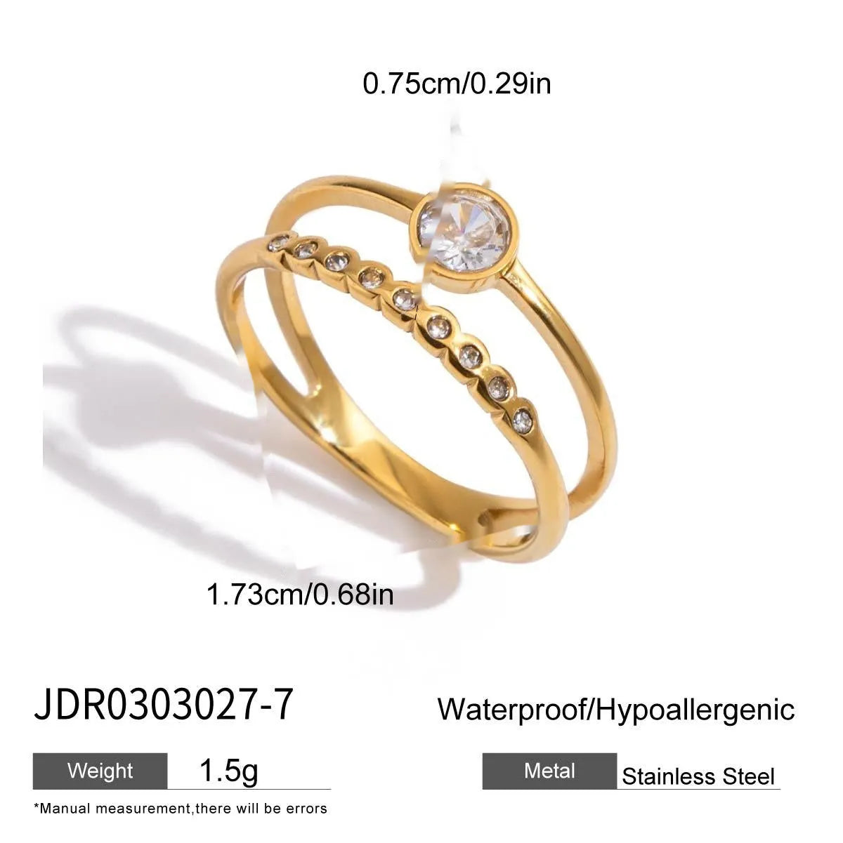 Silver tone geometric zircon ring with European-American styling on stainless steel background