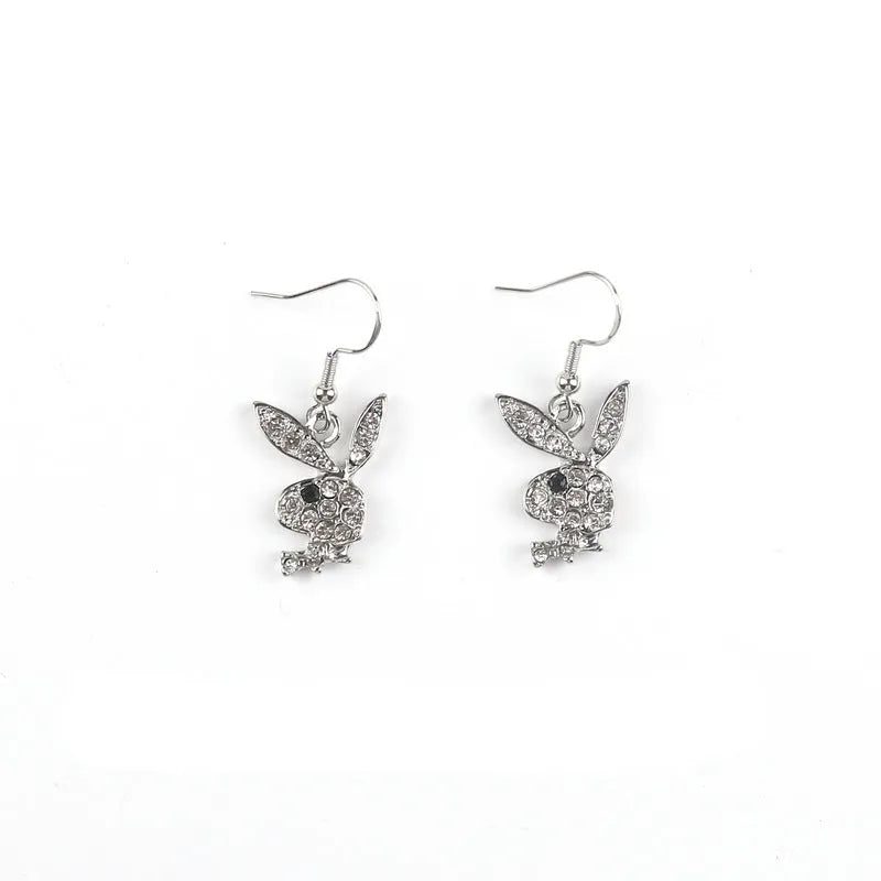 Alloy full diamond rabbit character stud earrings in silver, gold, or pink colour.