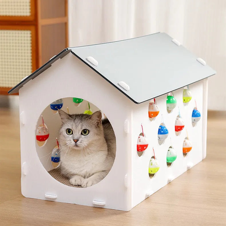 Integrated cat scratch board with resting nest, play tunnel, and bell ball toy