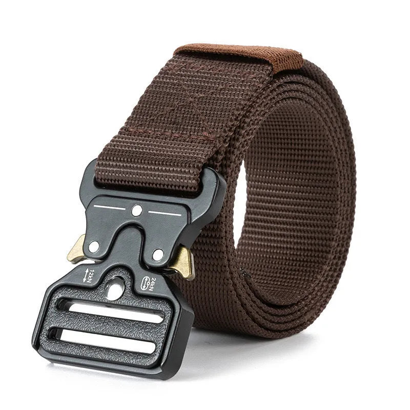 Men's thick canvas tactical belt with an alloy release buckle shown in Army Green colour.